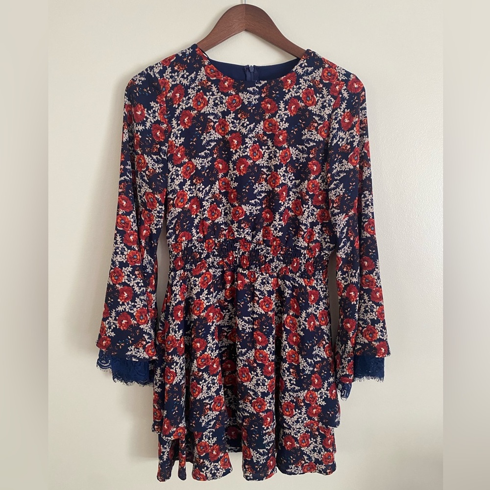 Burgundy and Navy Bell Sleeve Floral Dress w/ Lace Trim